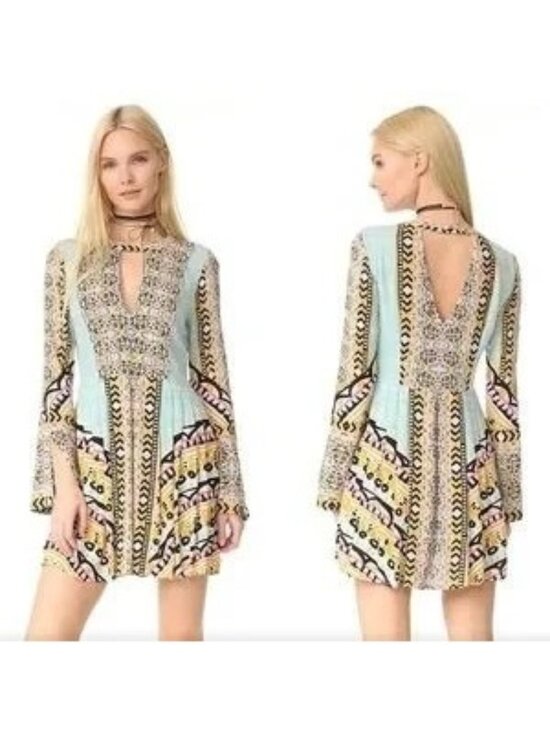 Free People Dresses & Skirts - Free People Tegan Blue Borders Keyhole Long Sleeve Mini Dress
